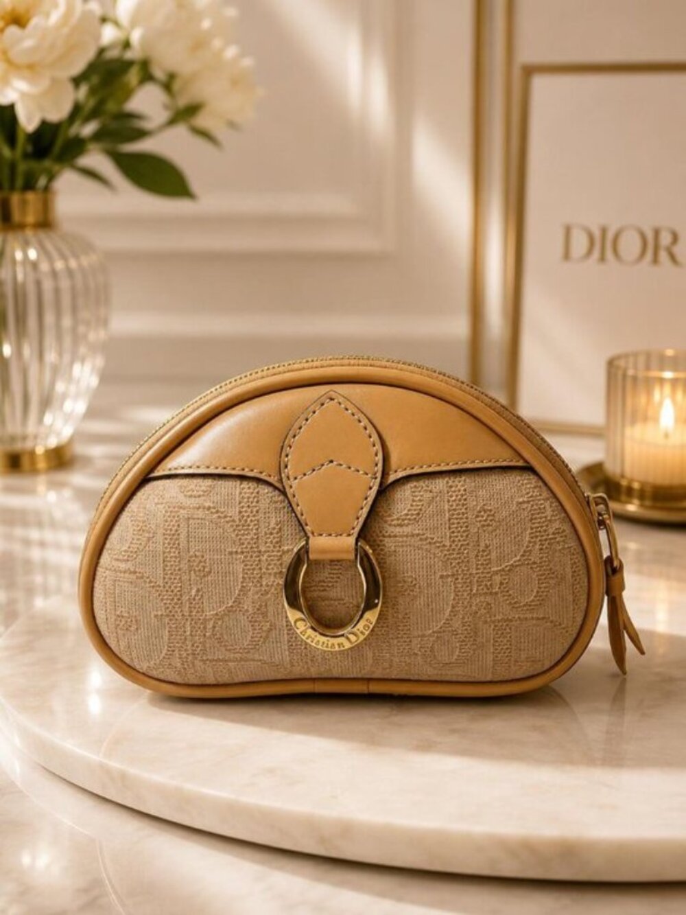 Authentic Christian Dior Trotter Canvas Cosmetic Pouch Beige Zip Makeup Case Vin